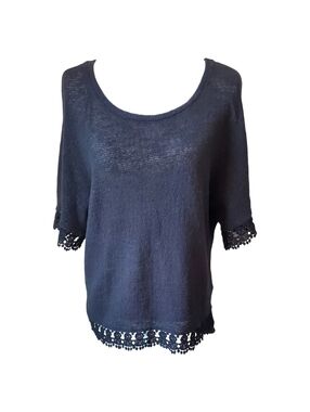 Attention Black Crochet Lace Trim Knit Boho Top Short Raglan Drop Sleeve Size M